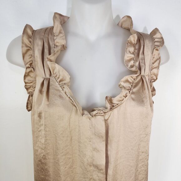 Ann Taylor LOFT Dress Size 0 Tan Ruffles Scoop Neck Pockets Tie Waist Sleeveless - Picture 3 of 11
